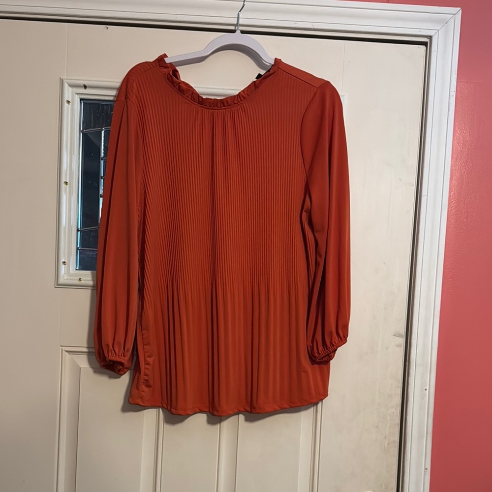 Adrianna Papell Orange Pleated Ruffled Blouse